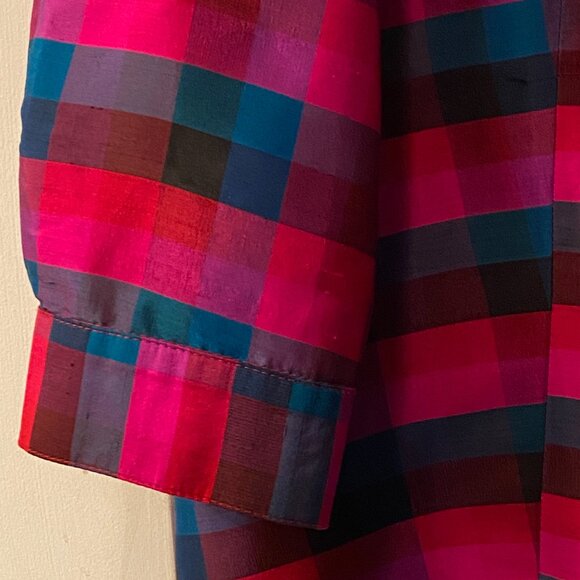 VTG Cactus Flower Sz L Womens Silk Blouse Shirt 3/4 Sleeve Pink/Teal/Black Check - Picture 4 of 9